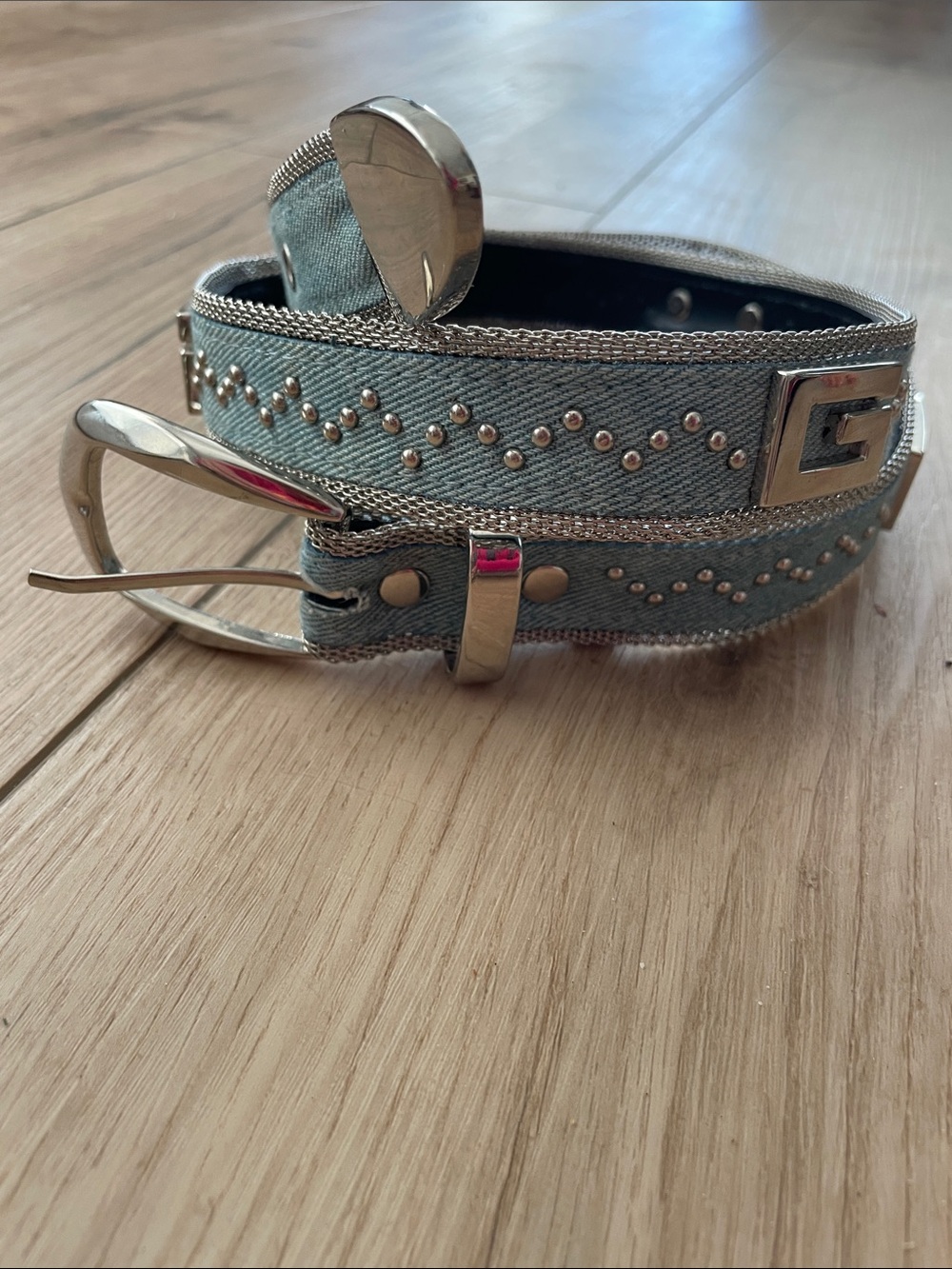 Vintage GUESS Y2K Light Blue Denim Belt with Rhinestone G Buckle